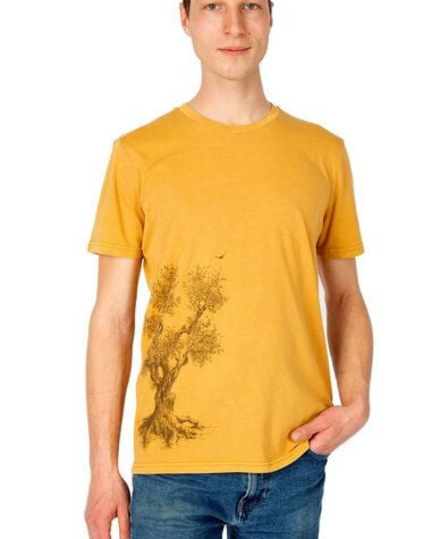 Life-Tree Shirt aus Biobaumwolle Fairwear für Herren "Olive Tree" in Ocre-Gelb – Ansicht 2