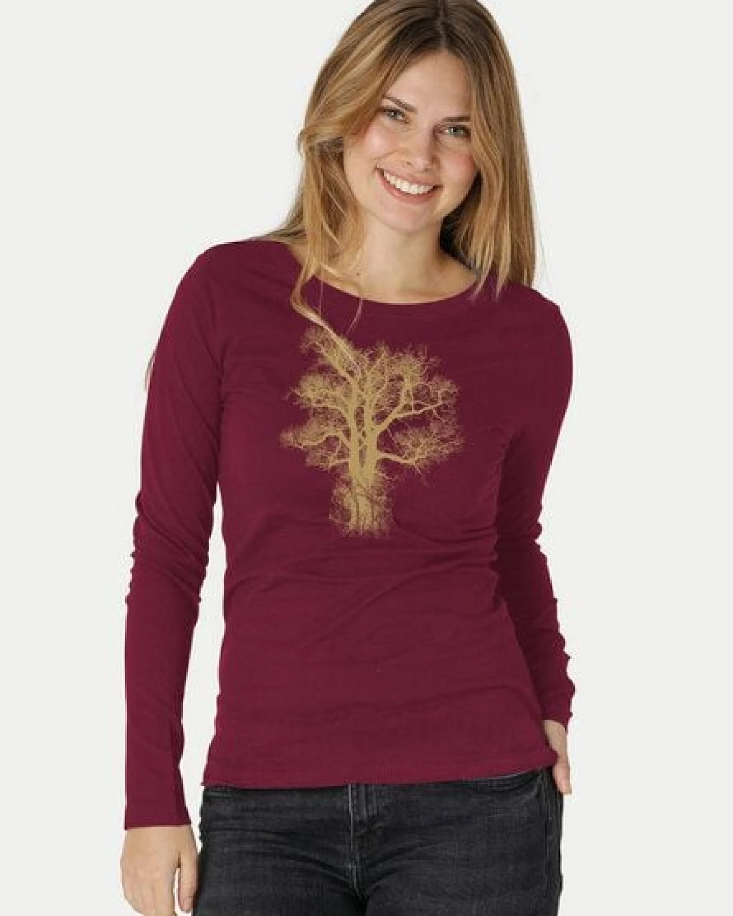 Peaces.bio - handbedruckte Biomode Bio-Damen-Langarmshirt Chestnut – Ansicht 3