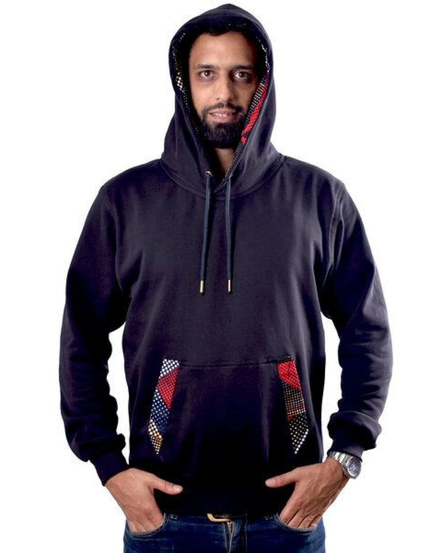 Africulture Hoodie "African Blood Moon" aus kuscheliger Baumwolle aus Mauritius und Westafrikanischen Kitenge Stoff Verzierungen – Ansicht 2