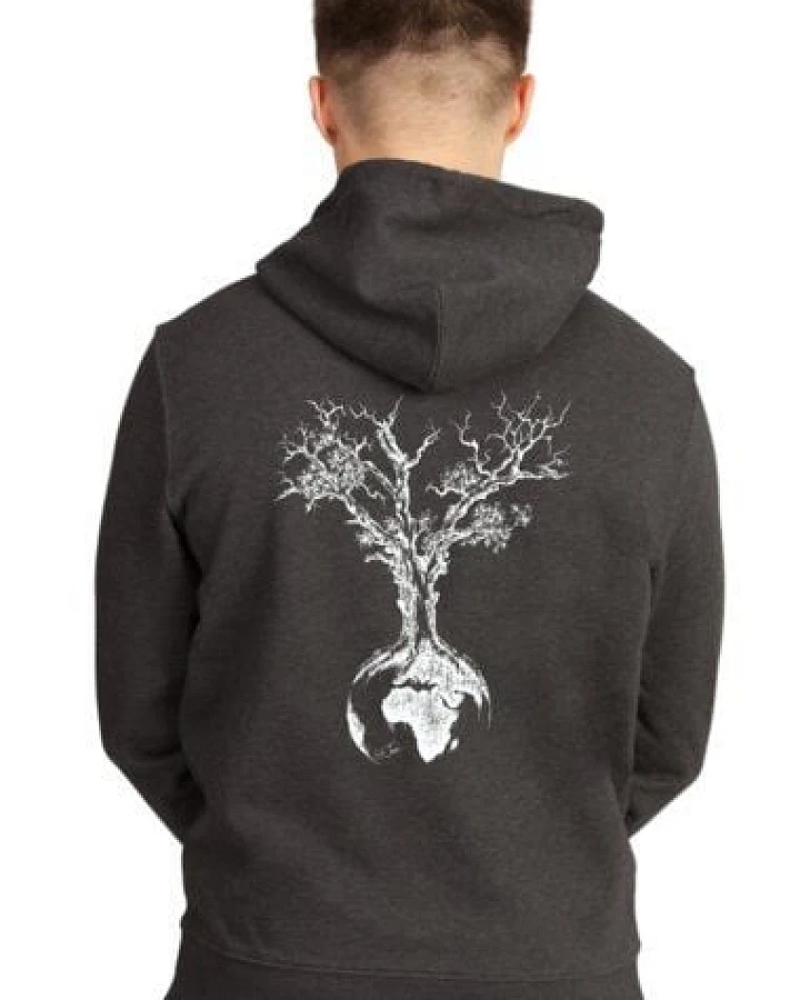 Life-Tree Hoodie aus Biobaumwolle Fairwear Unisex "Weltenbaum" in Dark Heather Grey