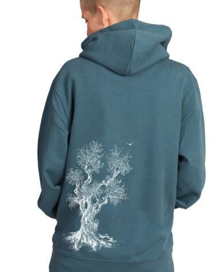 Life-Tree Hoodie aus Biobaumwolle Fairwear für Damen "Olive Tree" in Dark Blue