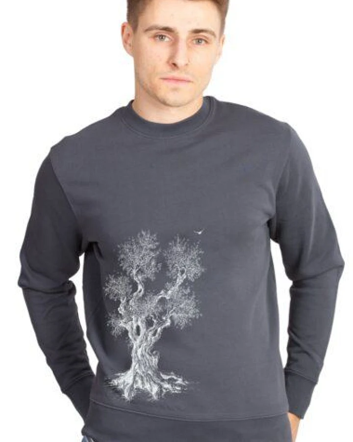 Life-Tree Sweater aus Biobaumwolle Fairwear Unisex "Olive Tree" in India Ink
