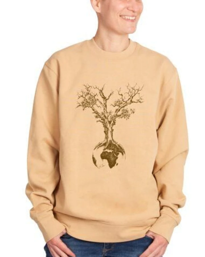 Life-Tree Sweater aus Biobaumwolle Fairwear Unisex "Weltenbaum" in Latte