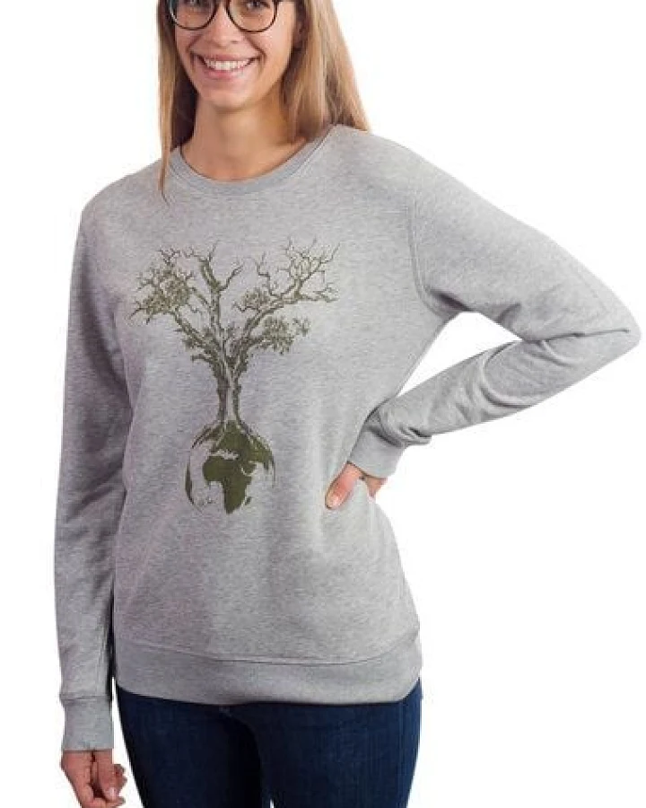Life-Tree Sweater aus Biobaumwolle Fairwear für Damen "Weltenbaum" in Heather Grey