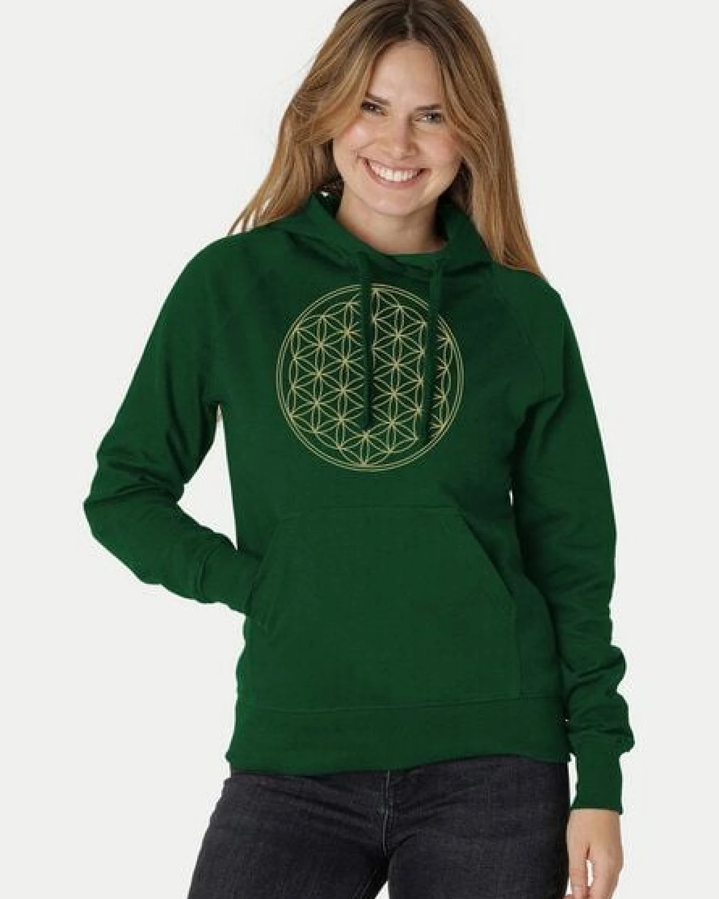 Peaces.bio - handbedruckte Biomode Bio-Damen-Kapuzensweater Die Blume des Lebens – Ansicht 3