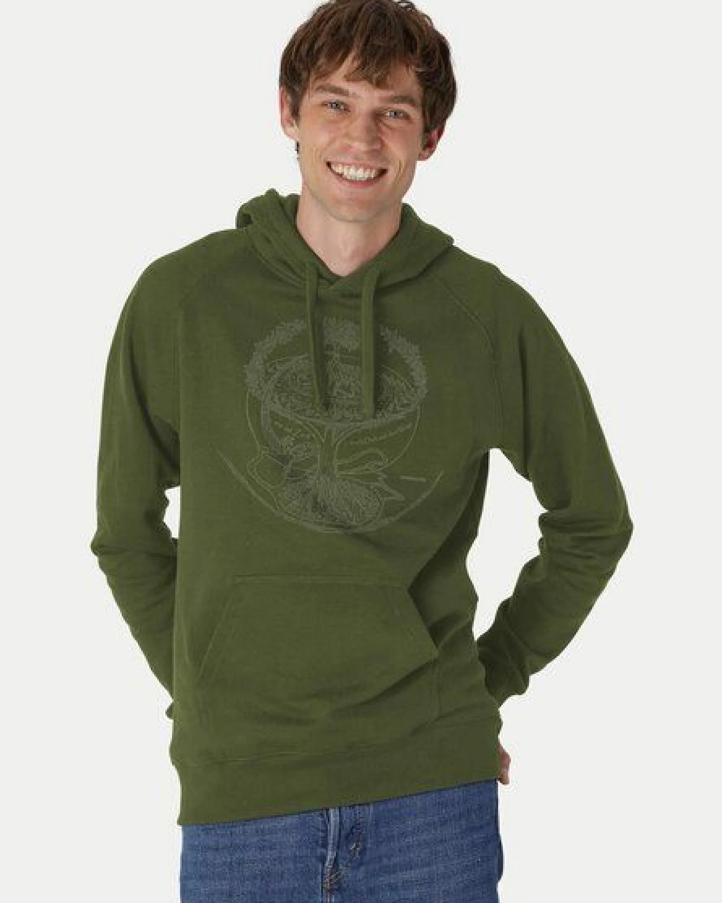 Peaces.bio - handbedruckte Biomode Bio-Herren-Kapuzensweater "Weltenesche" – Ansicht 2