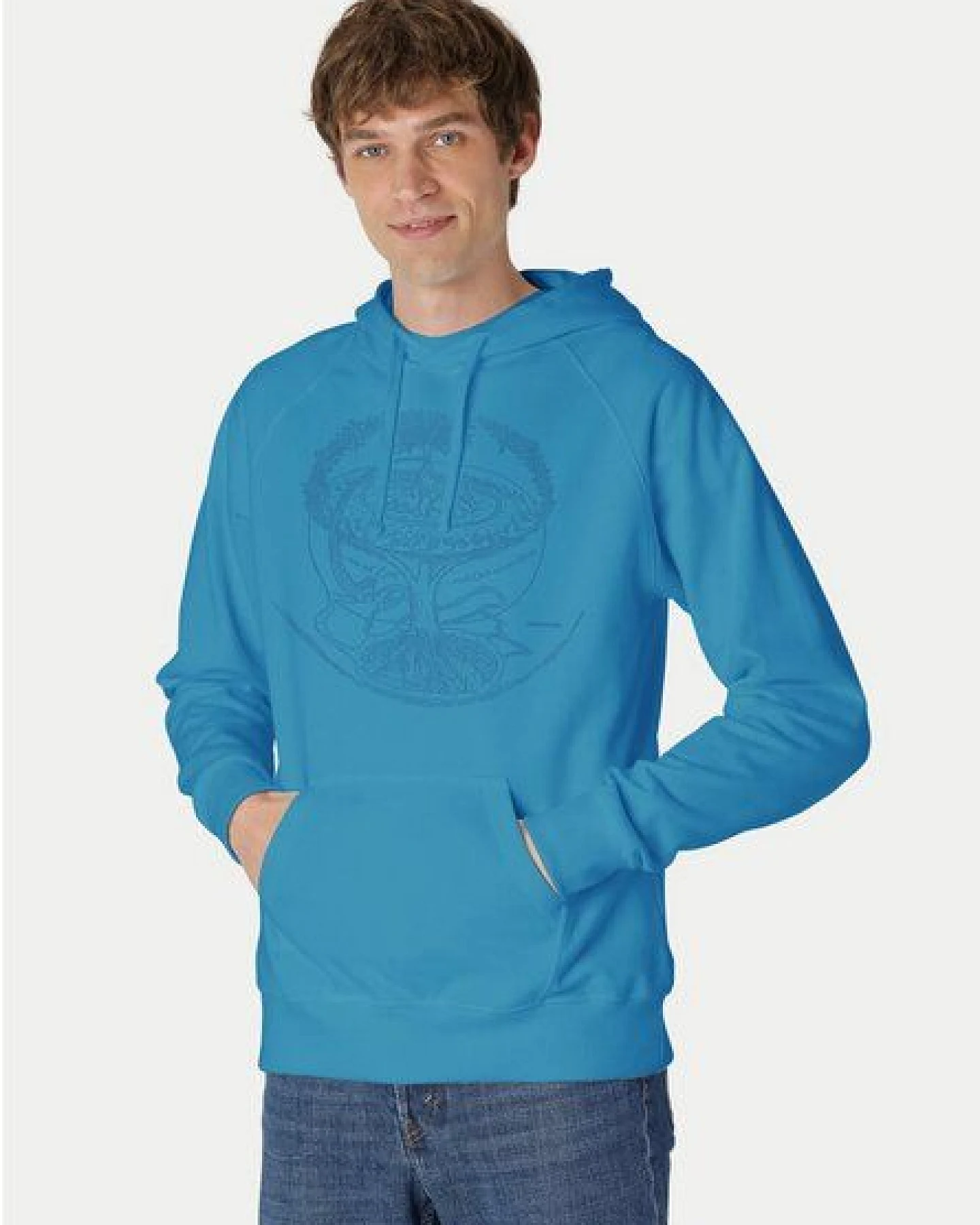 Peaces.bio - handbedruckte Biomode Bio-Herren-Kapuzensweater "Weltenesche" – Ansicht 2