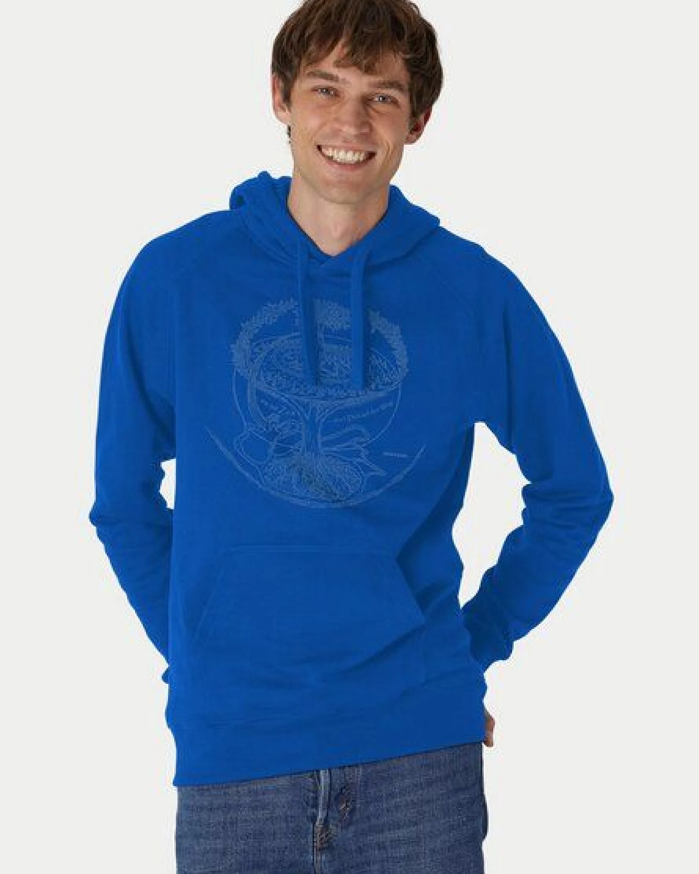 Peaces.bio - handbedruckte Biomode Bio-Herren-Kapuzensweater "Weltenesche" – Ansicht 2