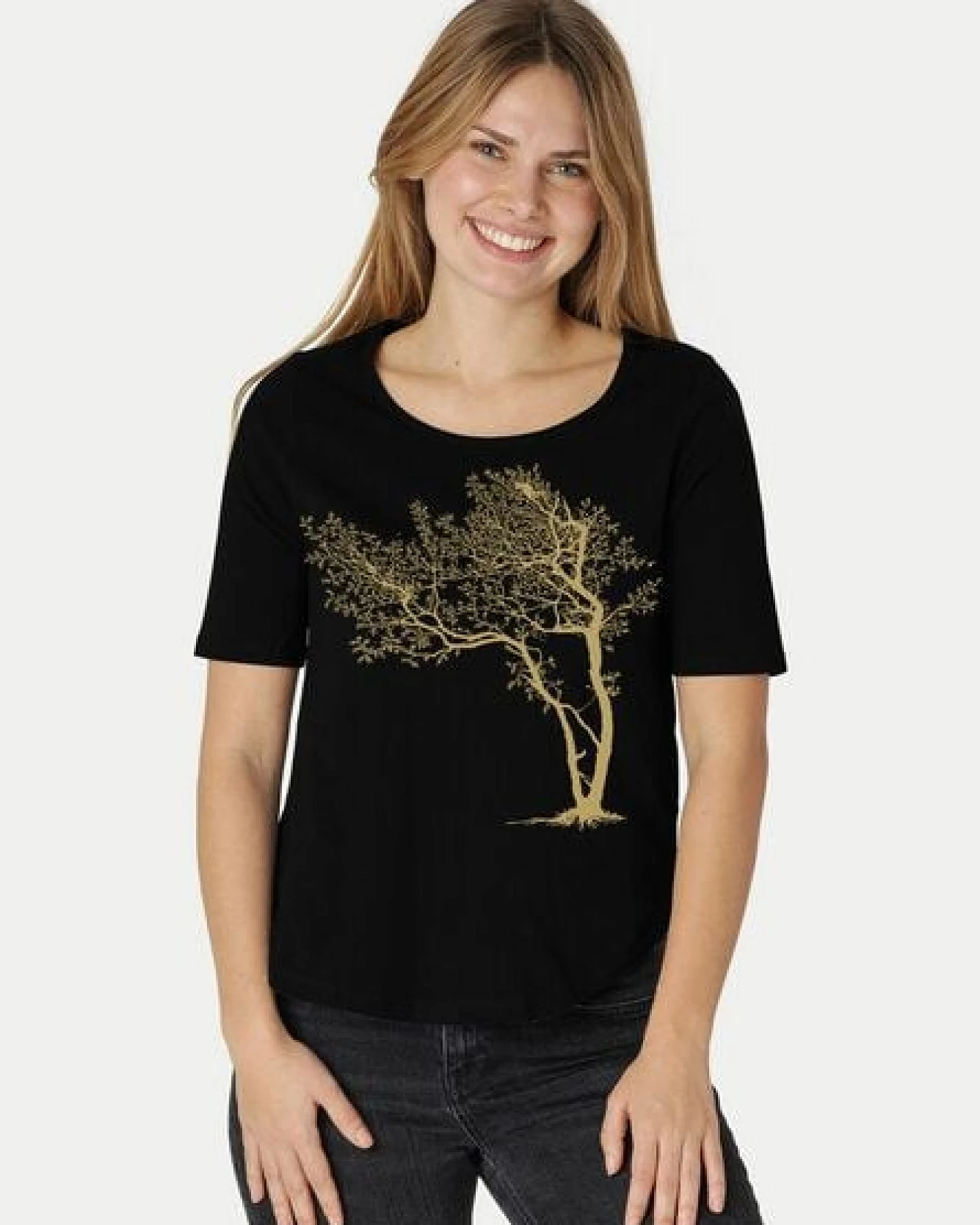 Peaces.bio - handbedruckte Biomode Damen Halbarm-Shirt Fancy Tree – Ansicht 3