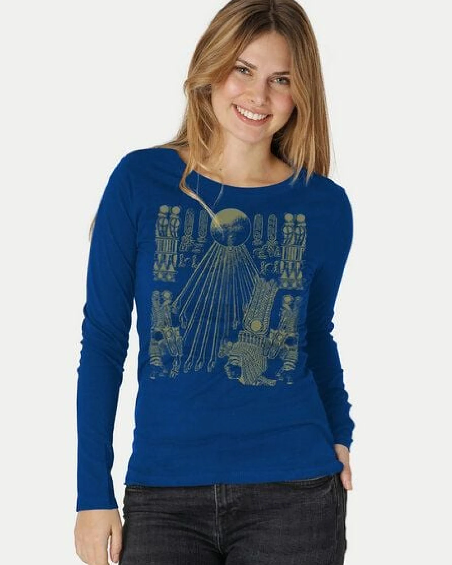 Peaces.bio - handbedruckte Biomode Langarmshirt Damen Sonnenscheibe Aton – Ansicht 2