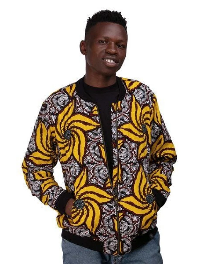 Africulture Bomberjacke 'Banananana' für Männer aus Westafrikanischem Kitenge und Kikoy Stoff.