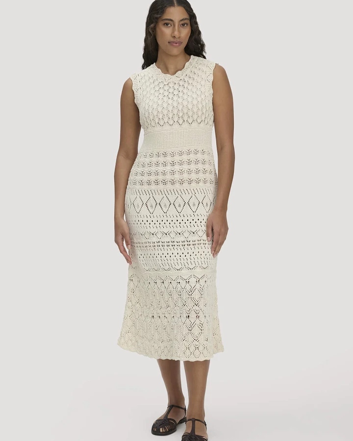 hessnatur Damen Strick Kleid Midi aus Bio-Baumwolle - beige - Größe L