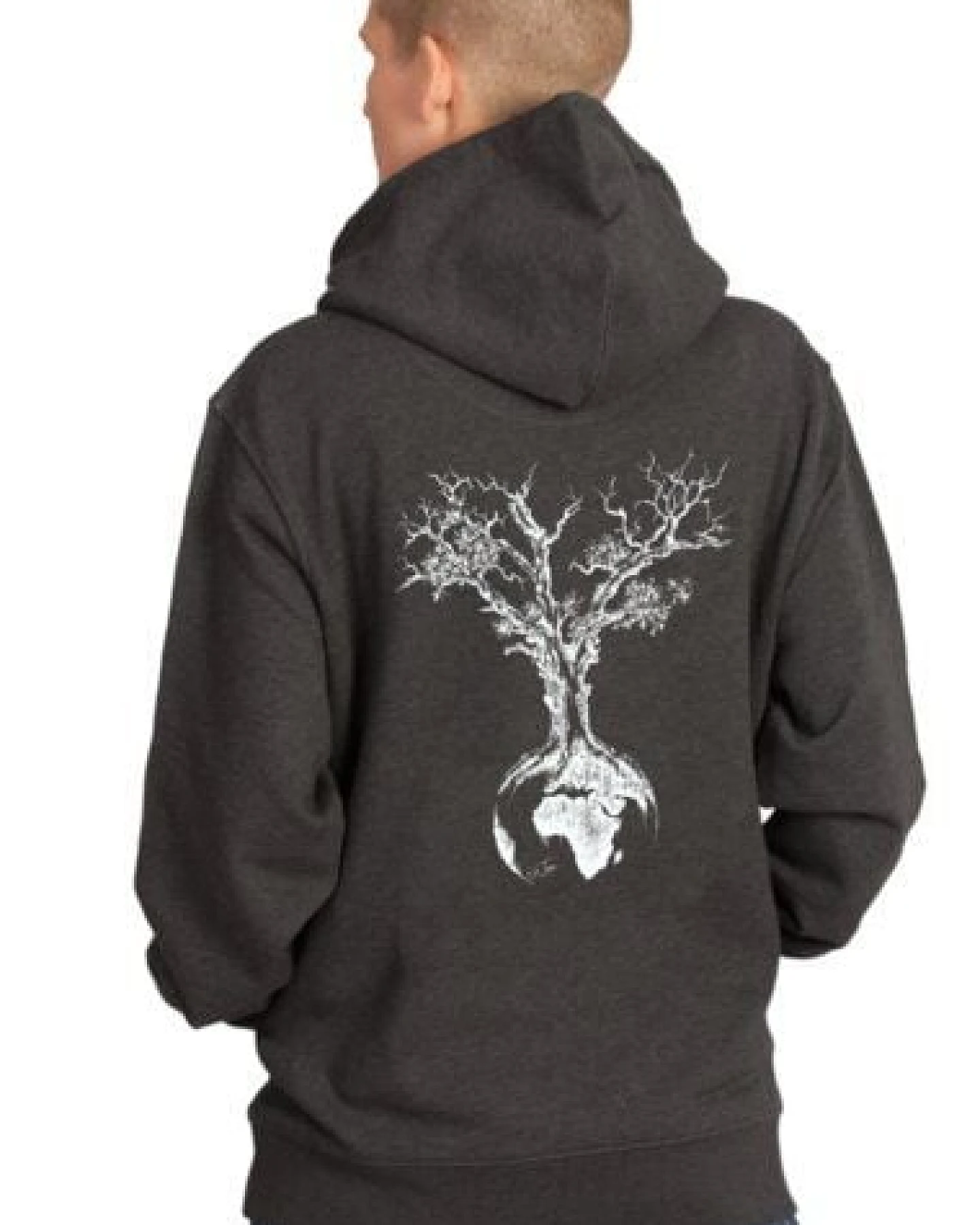 Life-Tree Hoodie aus Biobaumwolle Fairwear Unisex "Weltenbaum" in Dark Heather Grey – Ansicht 2