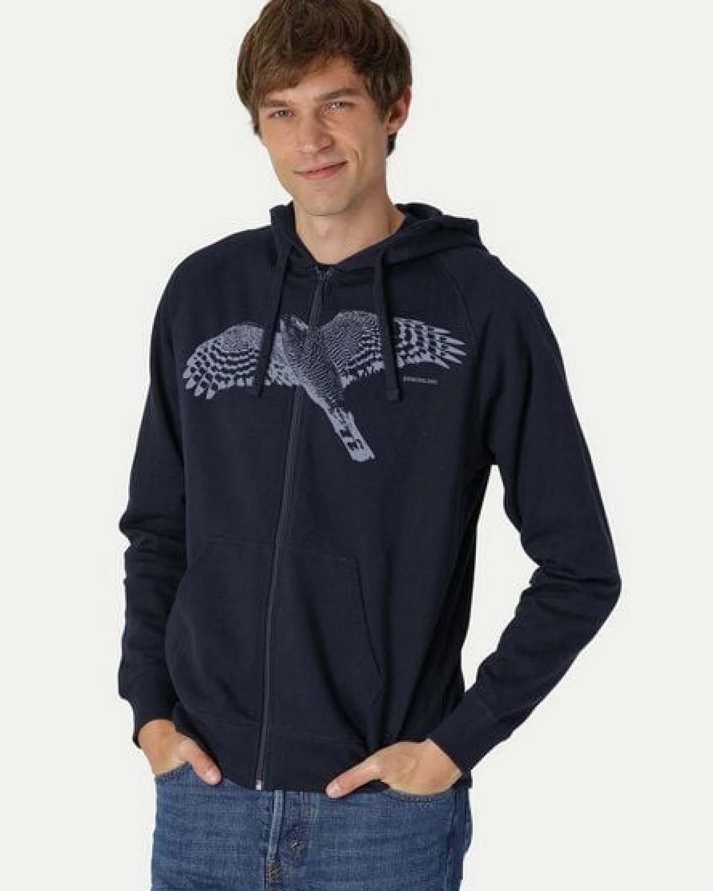 Peaces.bio - handbedruckte Biomode Bio Herren-Zip-Hoodie Sperber – Ansicht 2