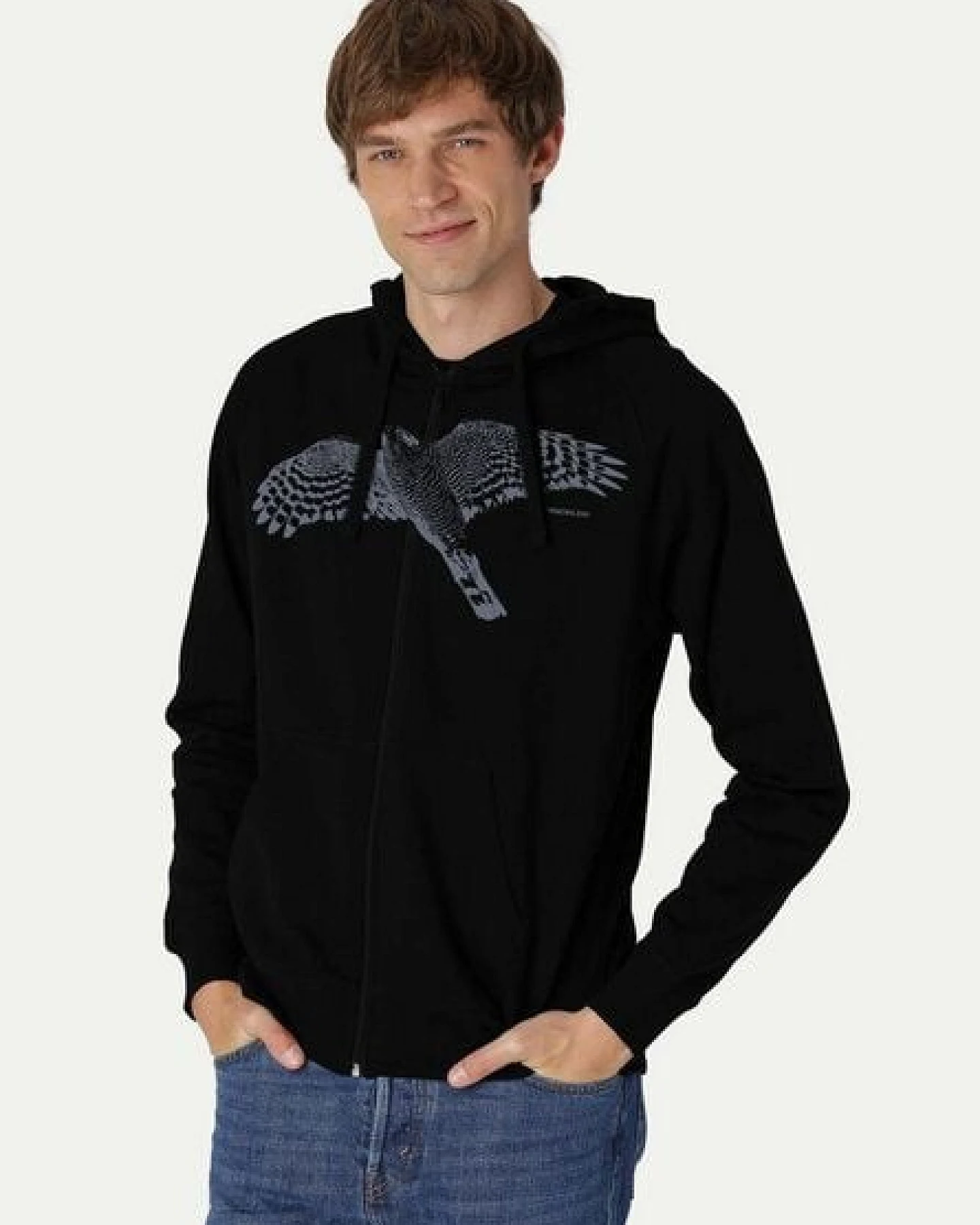 Peaces.bio - handbedruckte Biomode Bio Herren-Zip-Hoodie Sperber – Ansicht 2