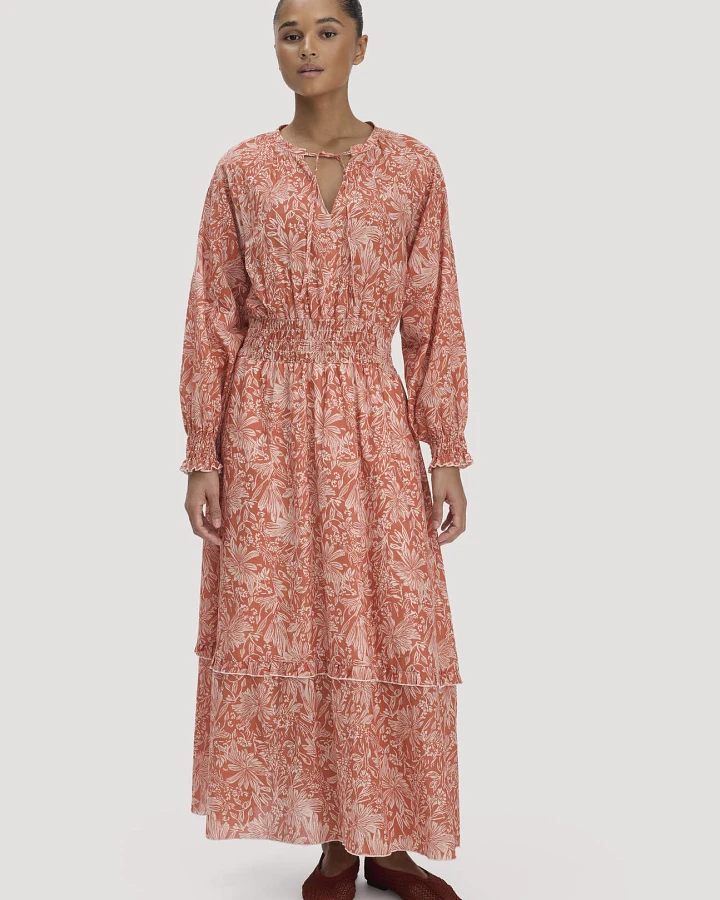 hessnatur Damen Kleid Floralprint Maxi aus Bio-Baumwolle - orange - Größe 34