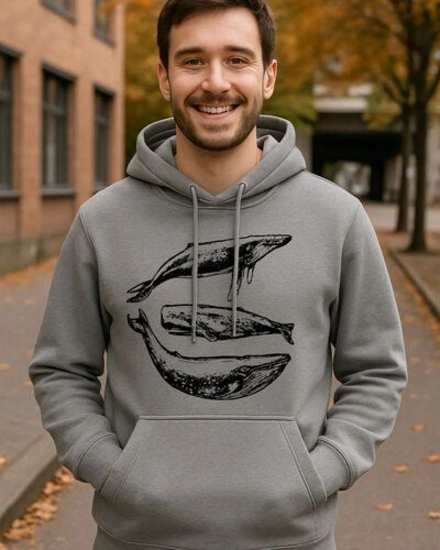 ilovemixtapes Three Whales Bio Hoodie – Unisex Hoodie aus 100 % Bio-Baumwolle in Grau – Ansicht 3
