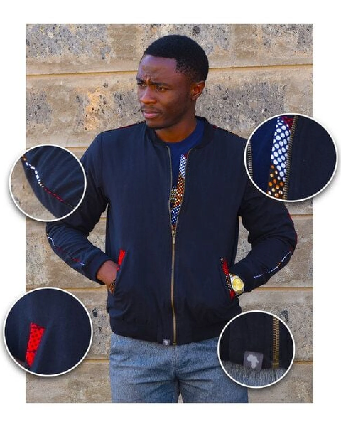 Africulture Bomberjacke für Männer aus Kenianischem Kikoy und Westafrikanischem Kitenge Stoff – Ansicht 3