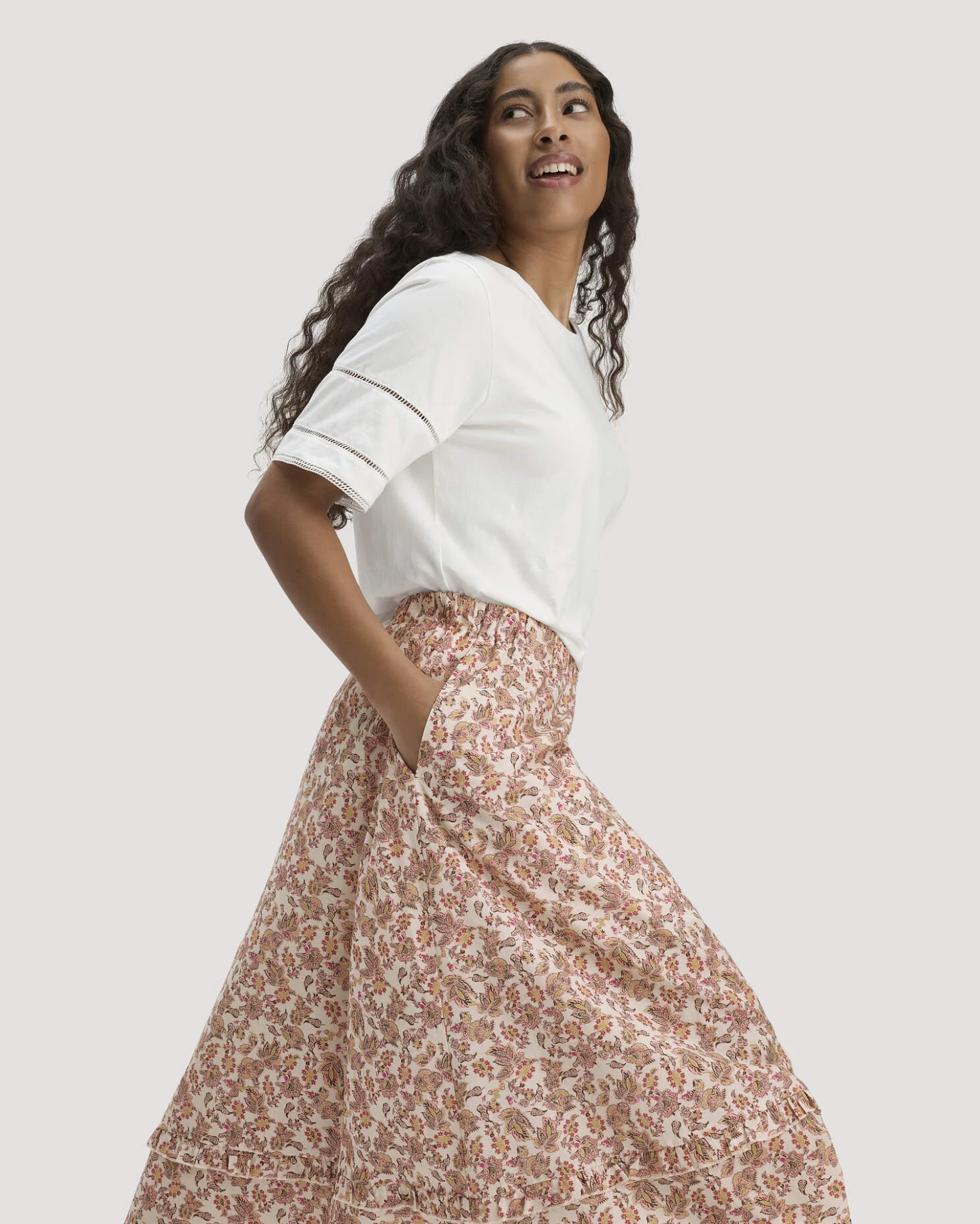 hessnatur Damen Gewebe Print Rock Maxi aus Bio-Baumwolle - beige - Größe 34 – Ansicht 4