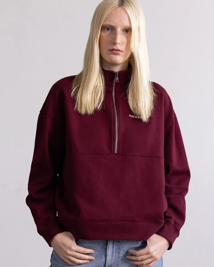Hafendieb Damen vegan Pullover Troyer Logo Stick Burgunderrot