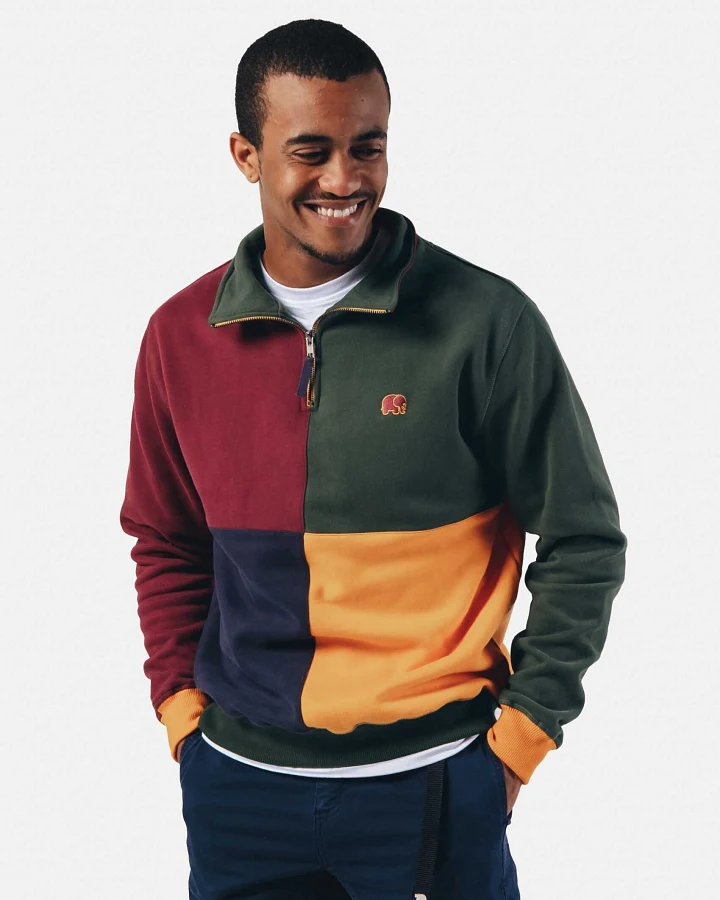 Trendsplant Herren vegan Pullover Half Zip Harlekin Color Block