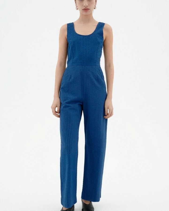 Thinking MU Damen vegan Jumpsuit Seersucker Raflesia Blau