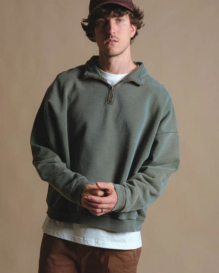 Trendsplant Herren vegan Pullover Quarter Zip Super Heavy Kombu Grün