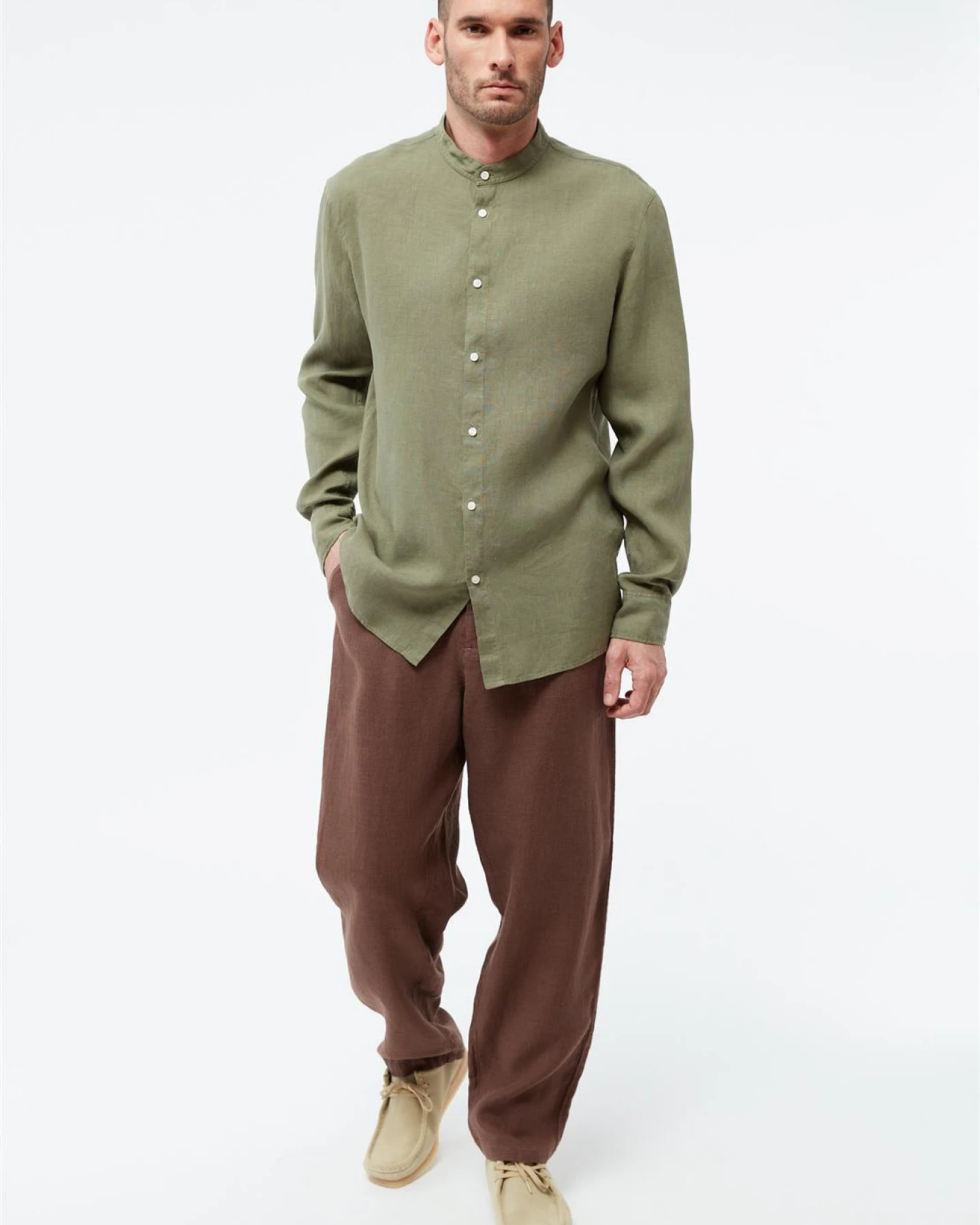 Givn Herren vegan Hemd Wes Stehkragen Faded Olive – Ansicht 2