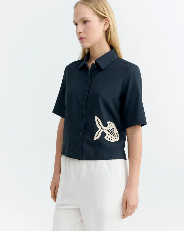 Thinking MU Damen vegan Bluse Ane Handbestickt Navy