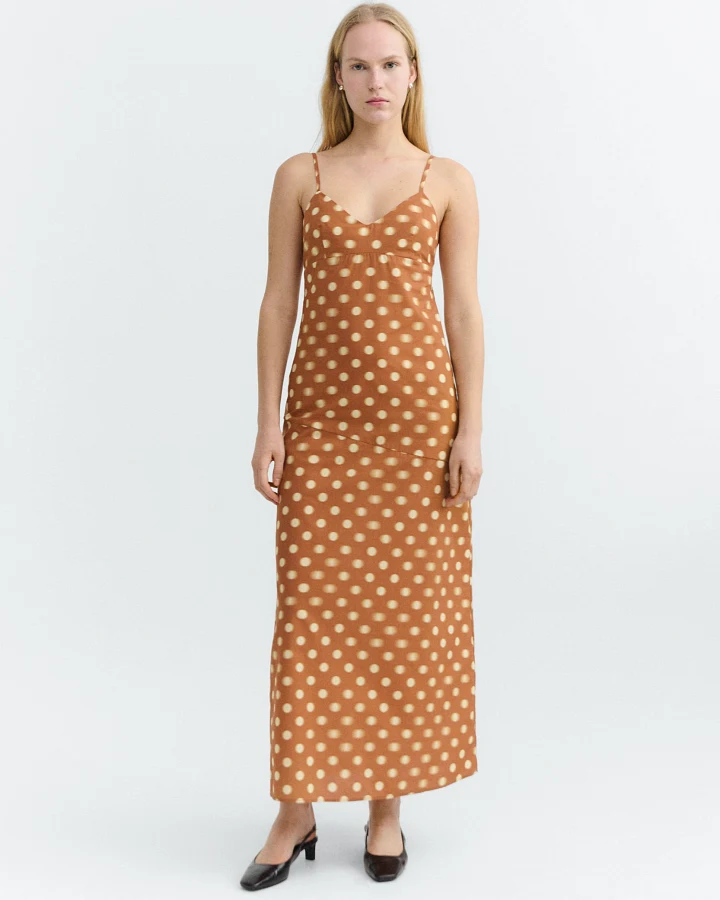 Thinking MU Damen vegan Maxi Kleid Dina Braun Polka Dots
