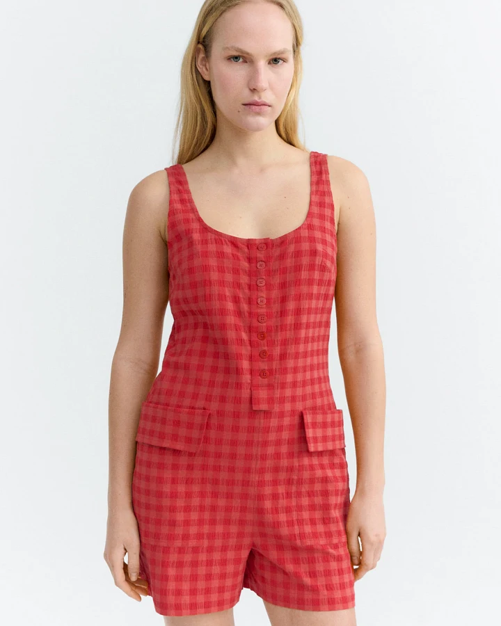 Thinking MU Damen vegan Jumpsuit Seersucker Maud Rot
