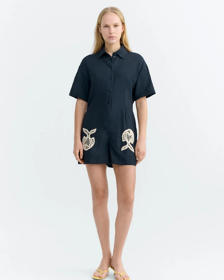 Thinking MU Damen vegan Jumpsuit Handbestickt Roberta Navy