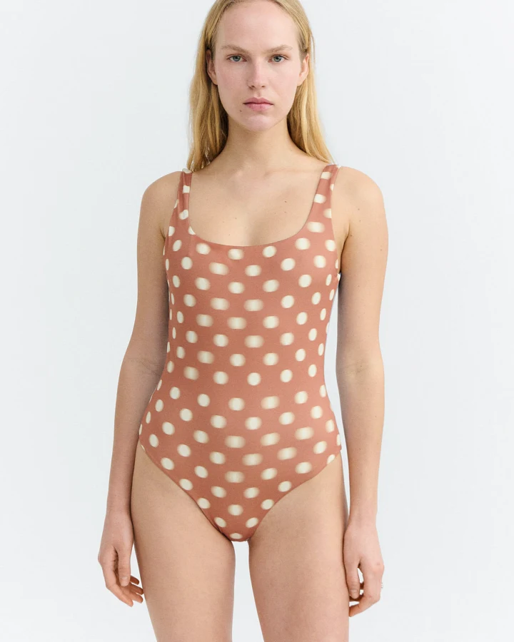 Thinking MU Damen vegan Badeanzug Amalfi Bicolor Polka Dots Braun/Blau