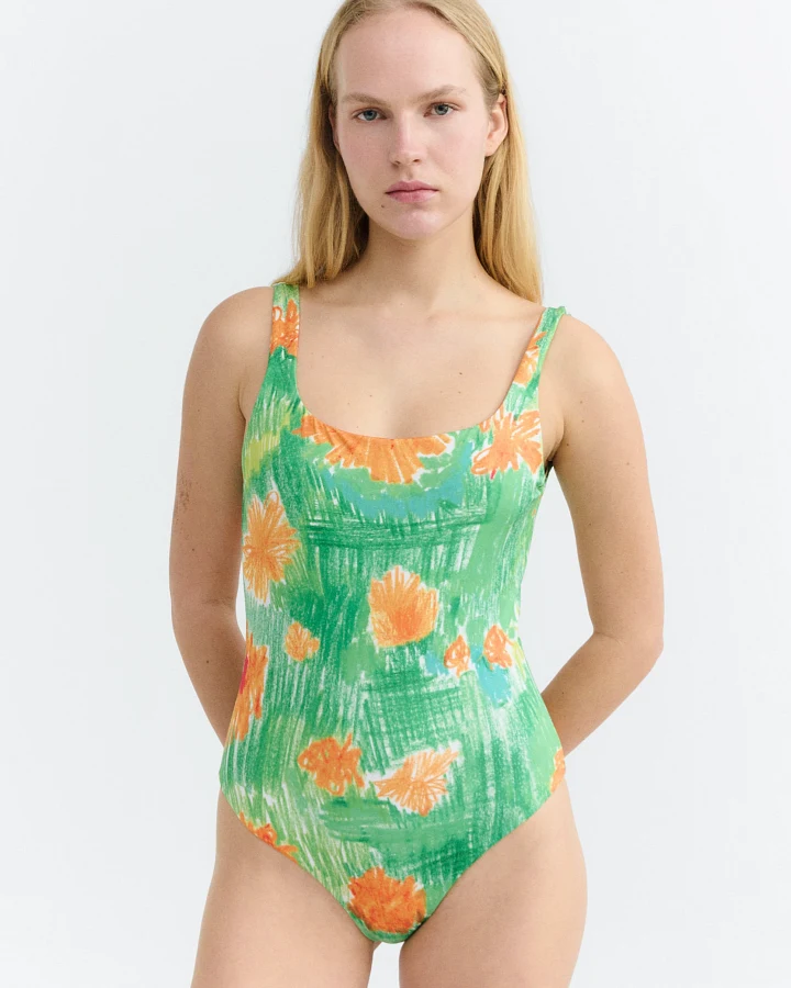 Thinking MU Damen vegan Badeanzug Amalfi Crayon Flowers Grün