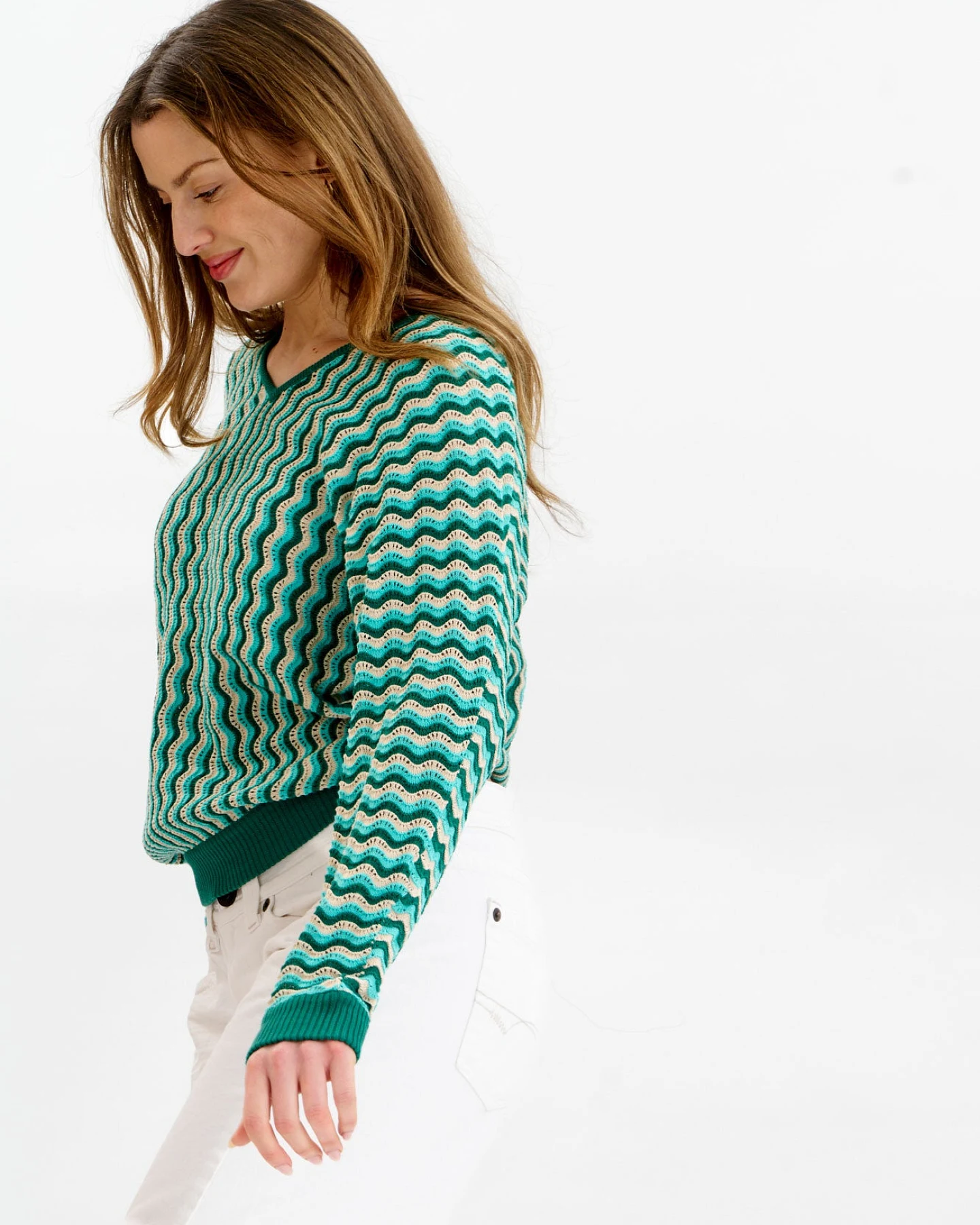 KOMODO Damen vegan Pullover Clover Pointelle Grün – Ansicht 2