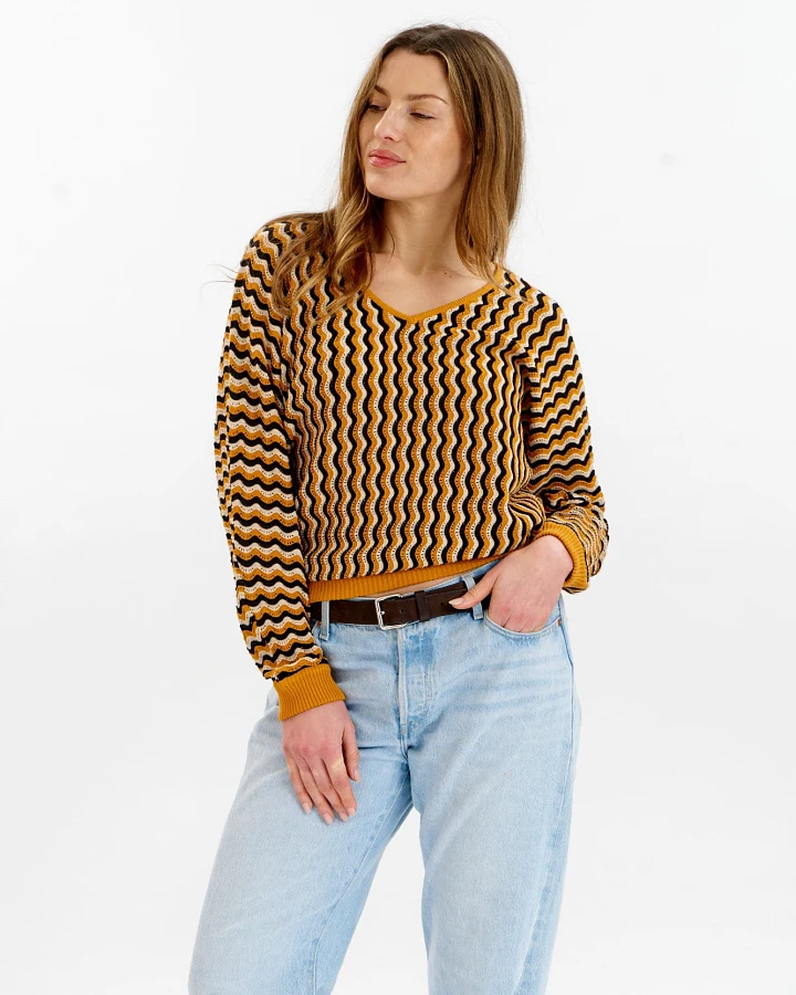 KOMODO Damen vegan Pullover Clover Pointelle Senf