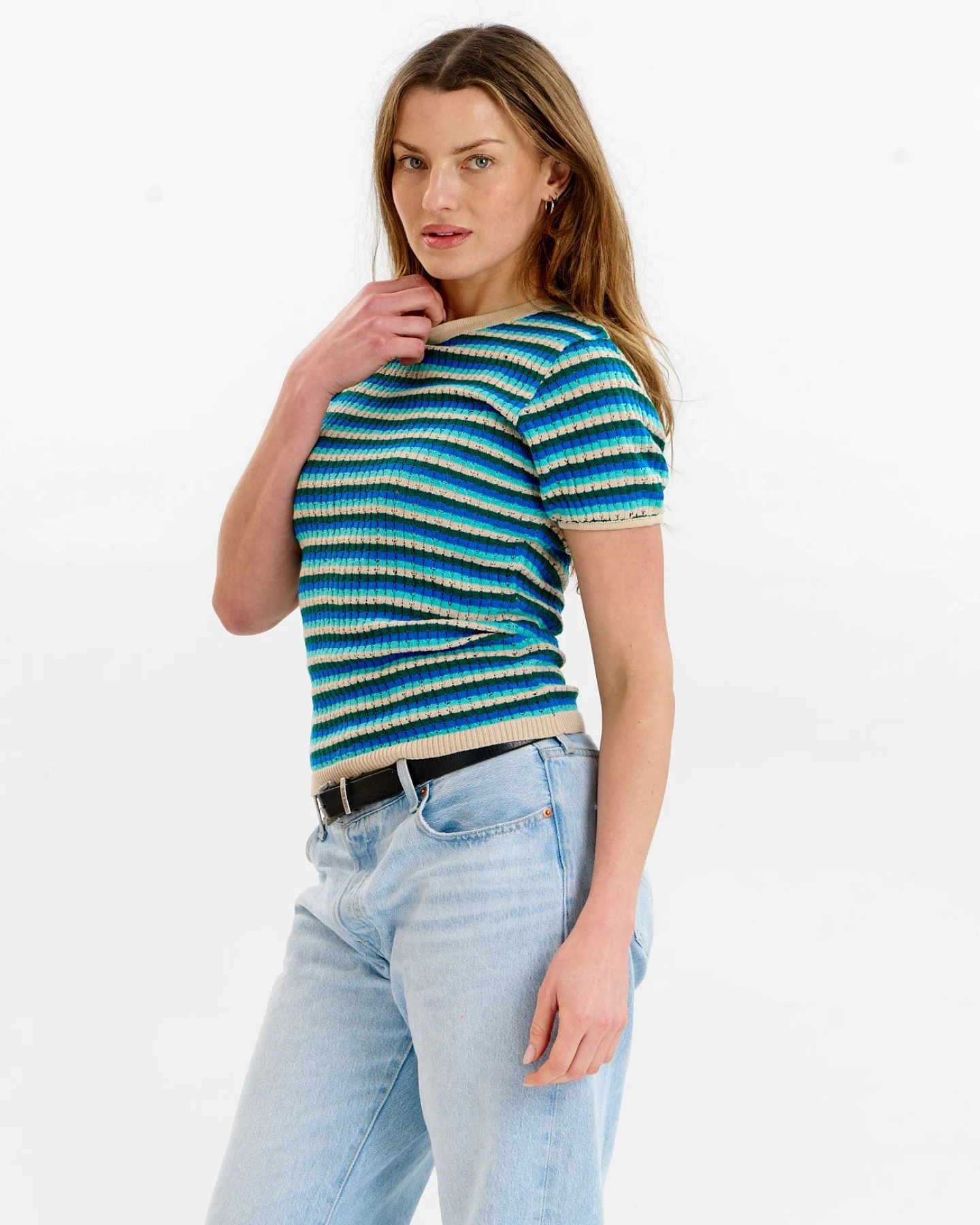KOMODO Damen vegan T-Shirt Penelope Pointelle Ozeanblau – Ansicht 2