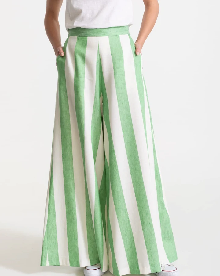 De IONESCU Damen vegan Hose Palazzo Leinen Limonengrün Gestreift