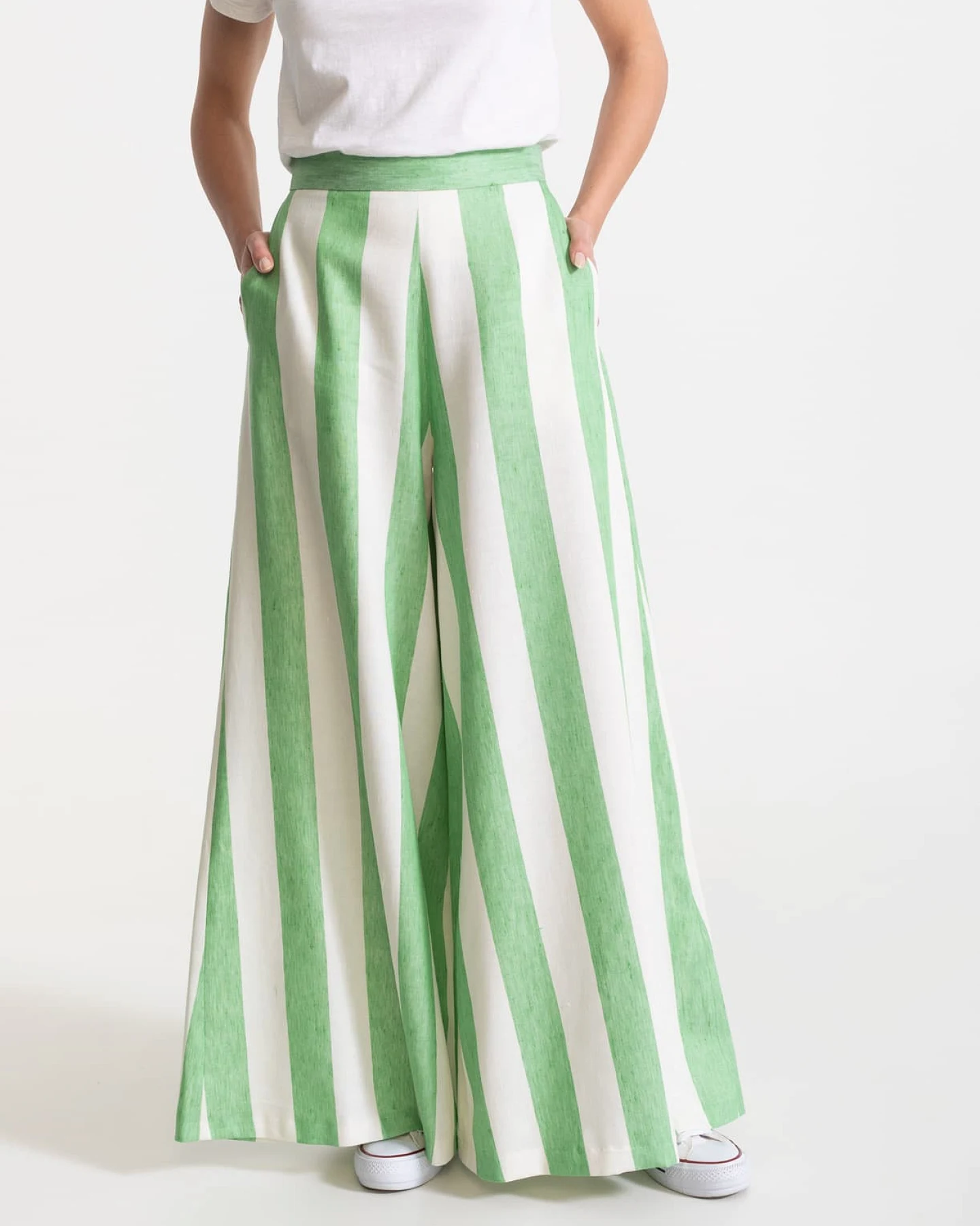 De IONESCU Damen vegan Hose Palazzo Leinen Limonengrün Gestreift – Ansicht 2