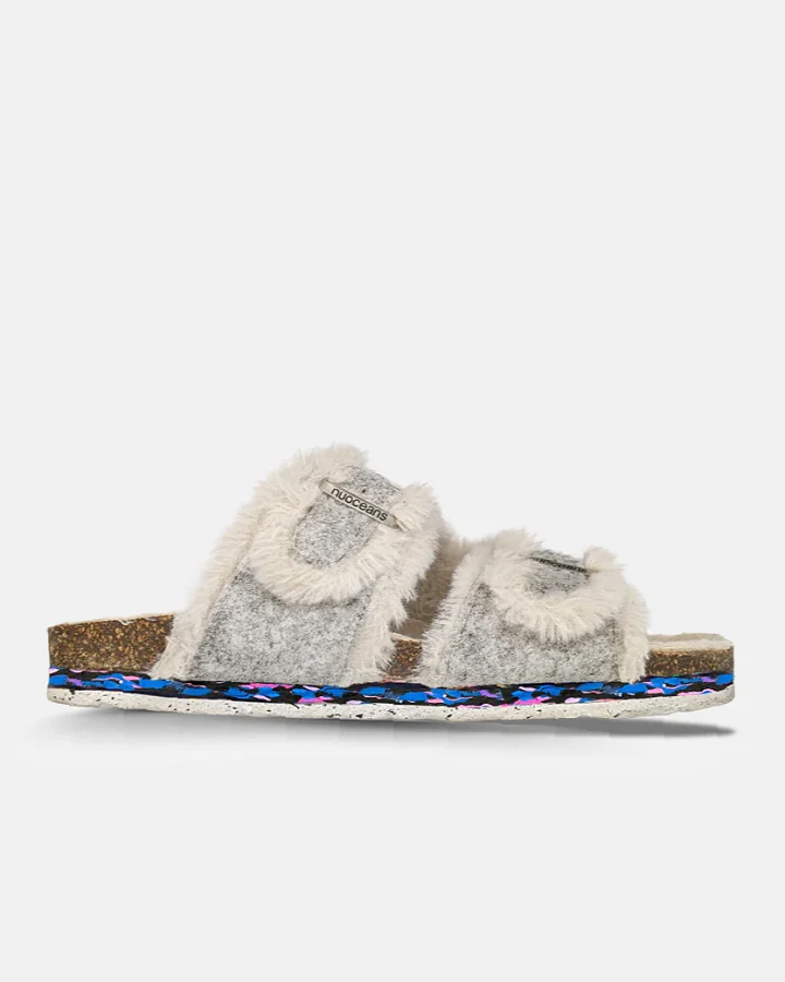Nuoceans Damen vegan Sandalen Fluff Grau/ Weiß