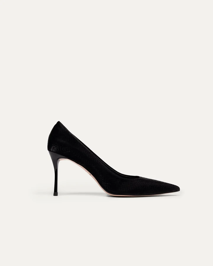 BIKKOU Damen vegan Pumps Romantic Dinner Schwarz Python