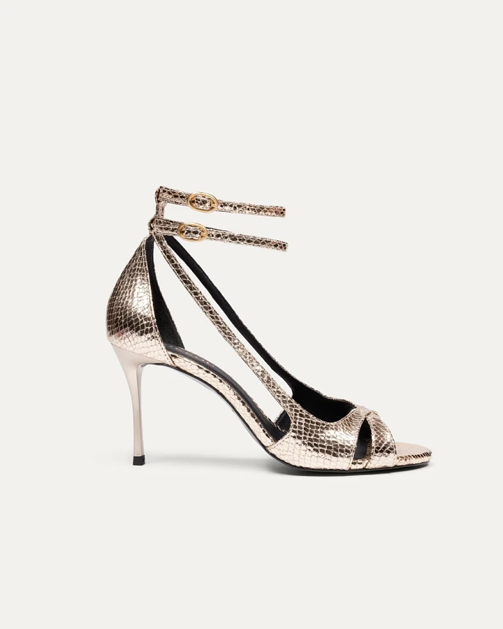 BIKKOU Damen vegan Sandalen Drinks Mit Freunden Gold Python