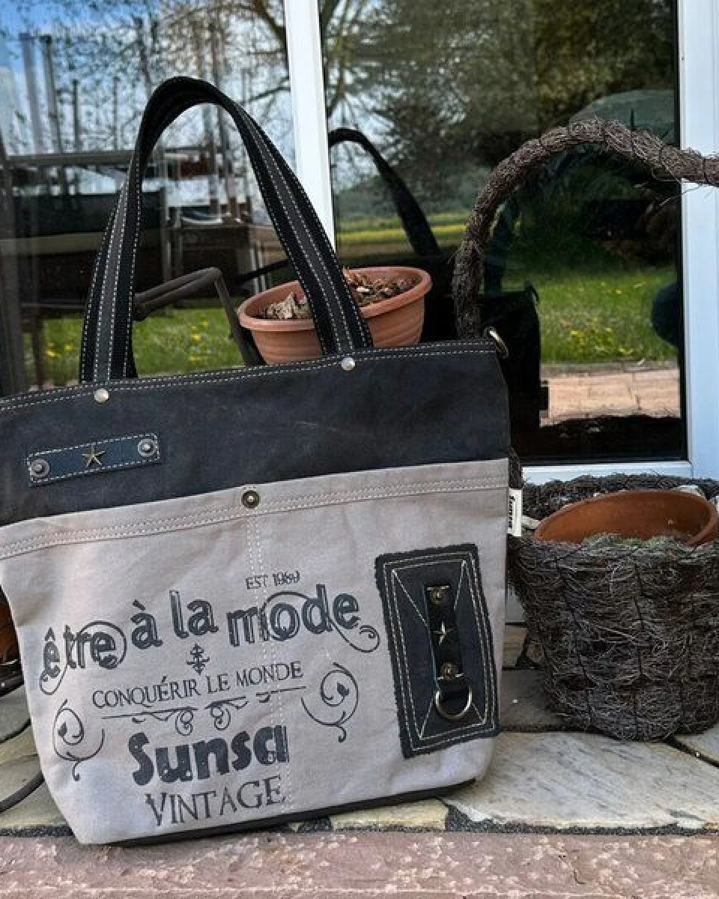Sunsa Canvas Handtasche. Vintage Schultertasche. Graue Damentasche – Ansicht 2