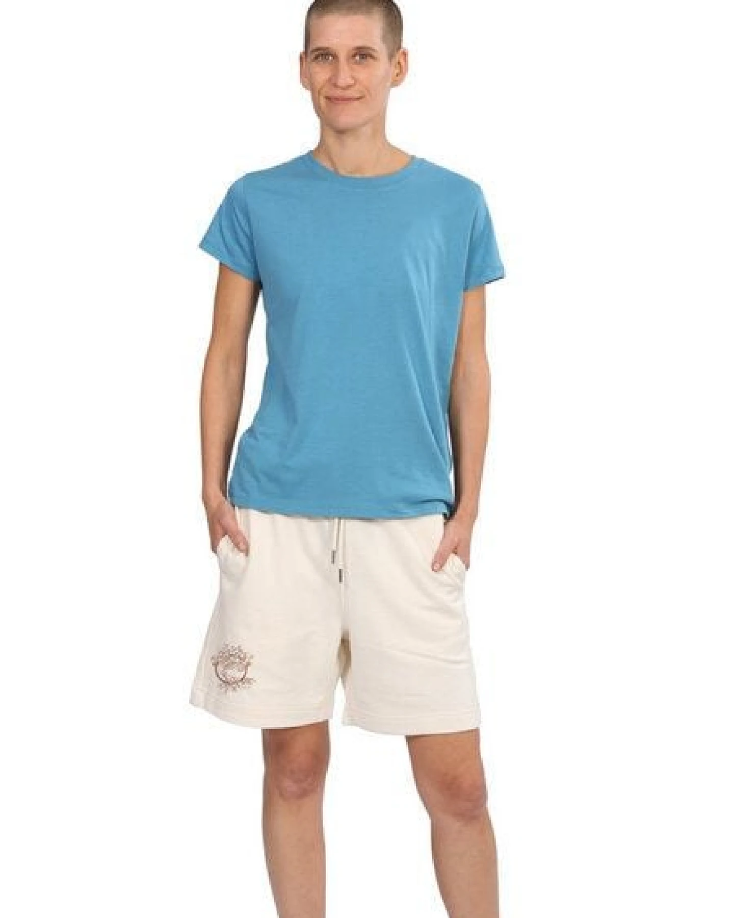 Life-Tree Jogger Shorts aus Biobaumwolle mit Logo - Motiv "Olive" Unisex in Türkis / Natural White – Ansicht 3