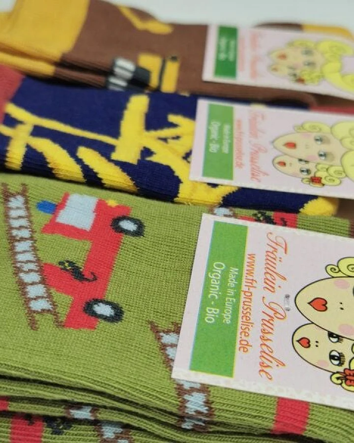 Fräulein Prusselise 3er spezial Socken Pack Fahrzeuge und Fastfood, Bagger, Feuerwehr und Pommes, bunt