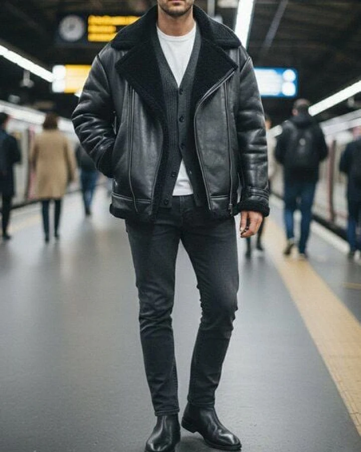 Will's Vegan Shop Übergroße Aviator-Jacke aus recyceltem veganem Shearling Herren