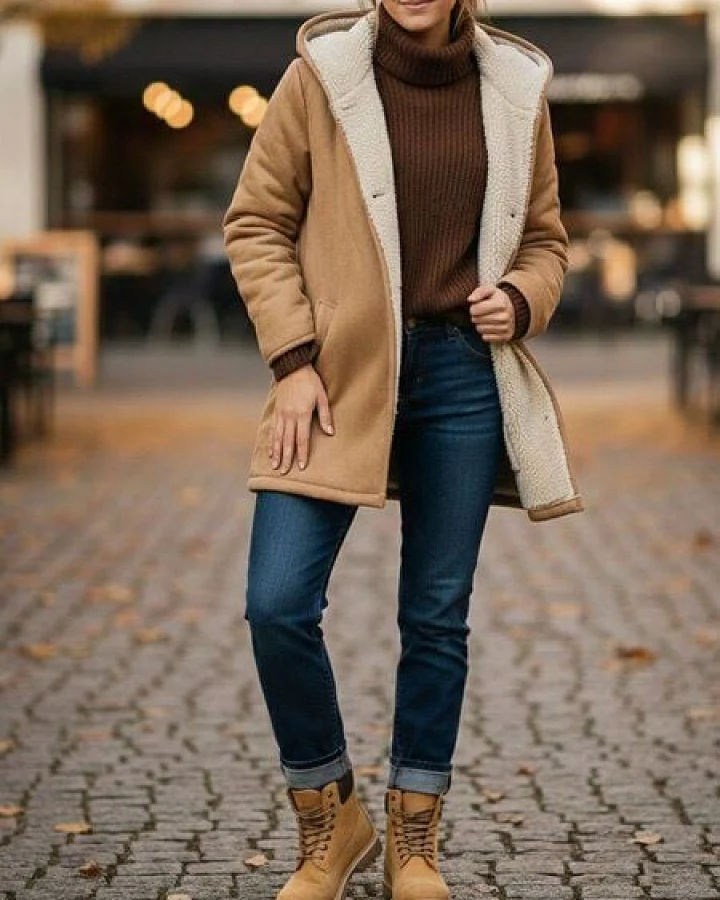 Will's Vegan Shop Recycelter Veganer Shearling Mantel in hellbrau für Damen