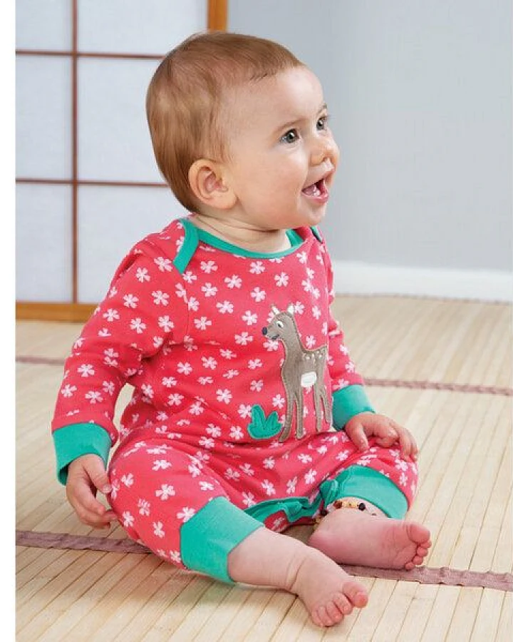 Frugi Baby-Strampler Rehkitz Charlie Romper/Watermelon Cherry Blossom/Deer