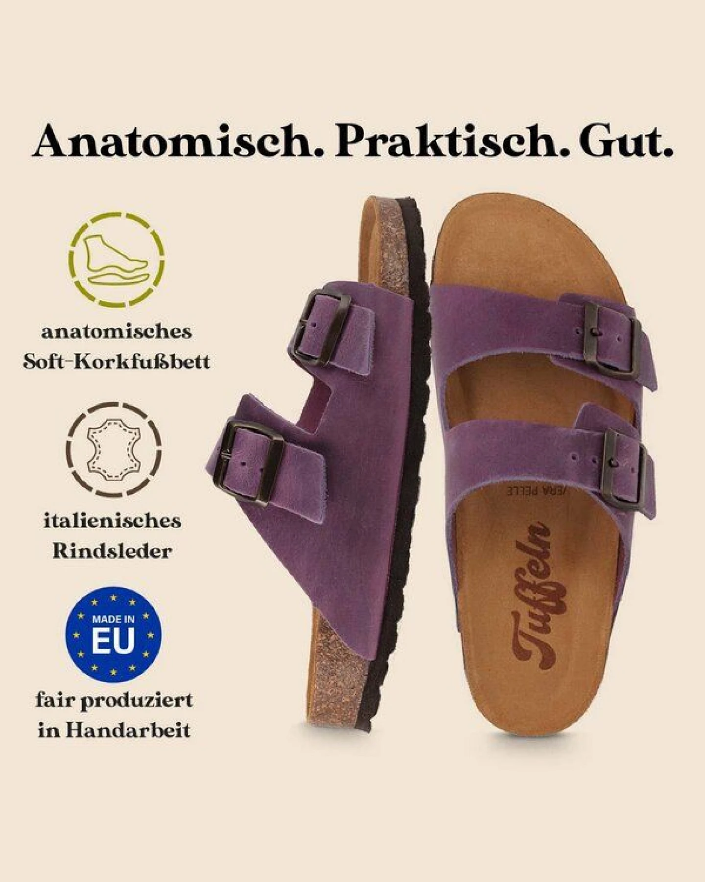 Tuffeln Leder-Pantoletten Föhr mit weichem Kork-Fußbett Zweischnaller-Sandalen – Ansicht 3