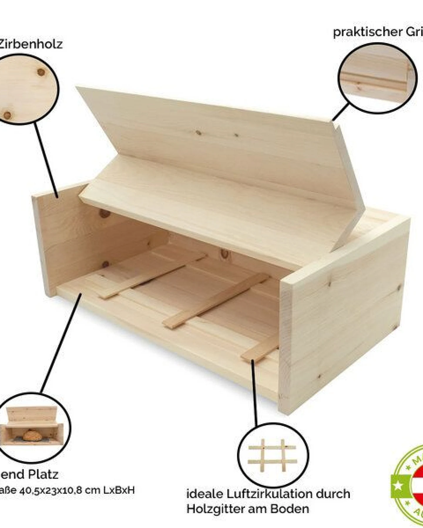4betterdays Brotkasten aus Zirbenholz mit Zirbenholz-Gitter inkl. Bienenwachstuch – Ansicht 2